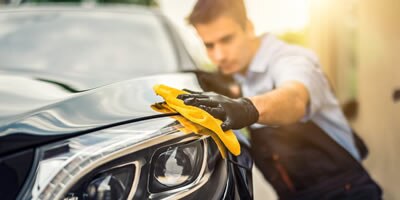 A man cleaning a car with a yellow cloth